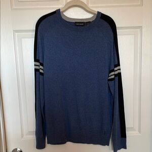 DKNY Sweater Large Pull Over Crewneck Blue Black Gray Cotton Rayon Mens